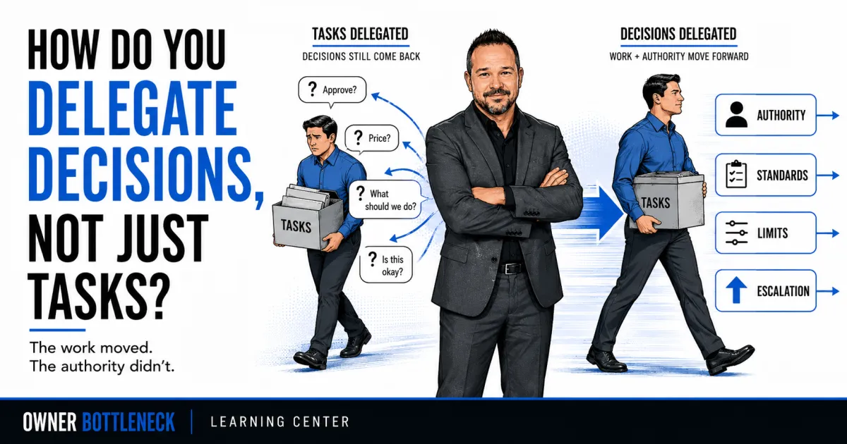 Illustration comparing task delegation with decision delegation, showing an employee still returning approvals to the owner versus a manager moving work forward with authority, standards, limits, and escalation rules.