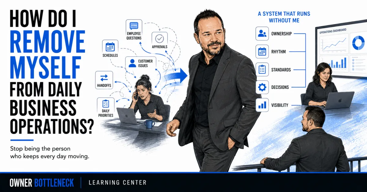 Illustration of a business owner stepping out of daily operations while an operations leader manages schedules, decisions, standards, handoffs, and accountability through a clear operating system.