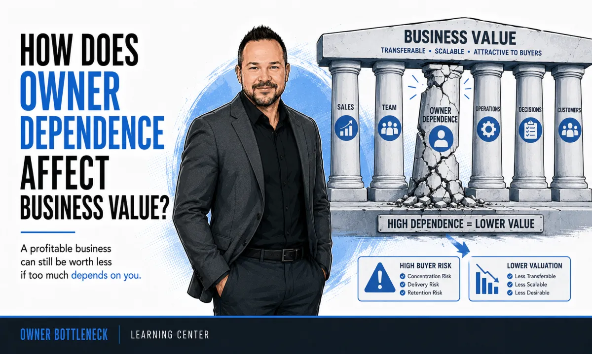 Darrell Willis beside a business value structure weakened by owner dependence across sales, team, operations, decisions, and customer relationships.