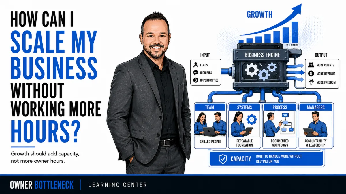 Darrell Willis beside a business growth engine showing how teams, systems, processes, and managers create more capacity without requiring more owner hours.