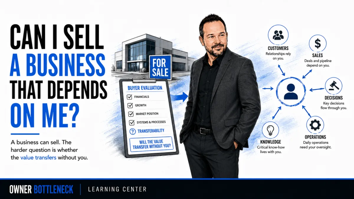 Darrell Willis beside a business for sale as a buyer evaluates whether customers, sales, decisions, operations, and knowledge can transfer without the owner.