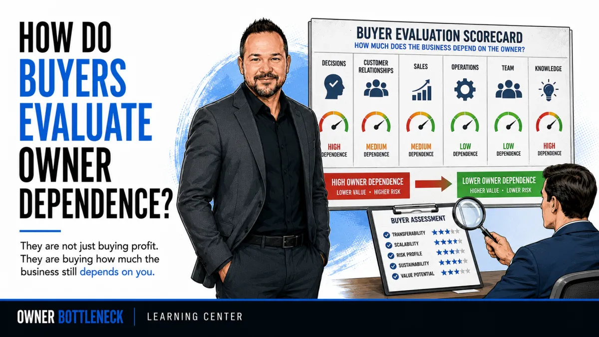 Darrell Willis beside a buyer evaluation scorecard showing how buyers assess owner dependence across decisions, customer relationships, sales, operations, team, and knowledge.