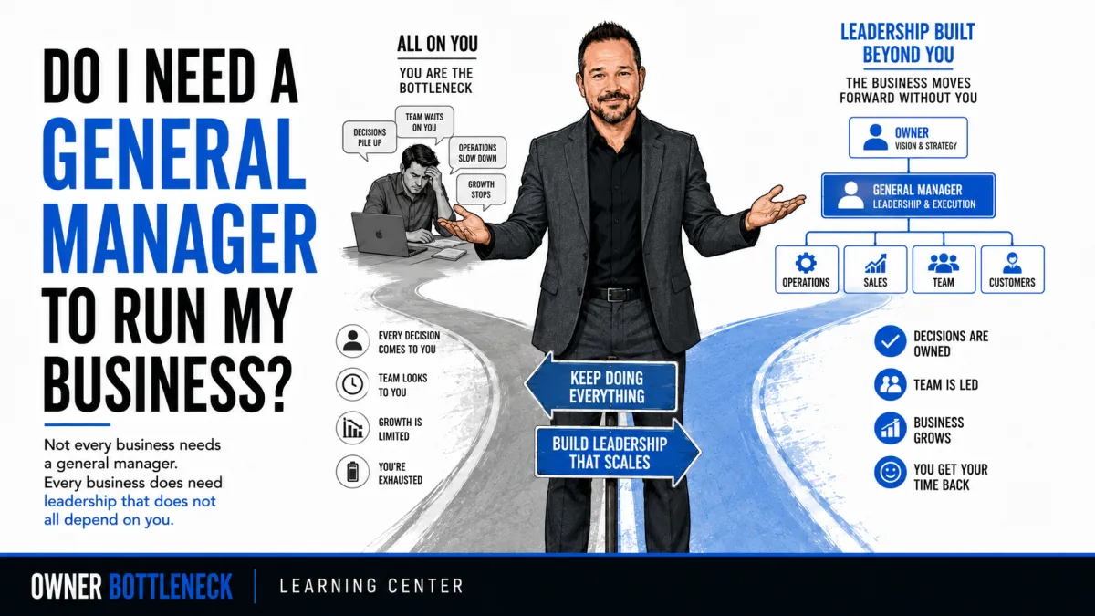 Darrell Willis standing between an owner-dependent business and a leadership structure showing how a general manager can lead operations, sales, team, and customers.