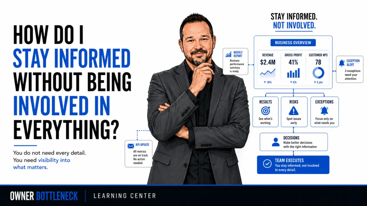 Darrell Willis reviewing a business dashboard that highlights results, risks, and exceptions so he can stay informed without being involved in every detail.
