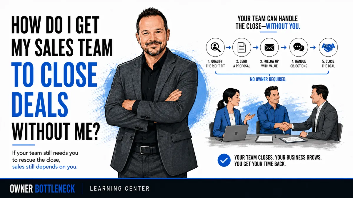Darrell Willis smiling beside a sales team moving from qualification and proposals to closing a deal without the owner taking over.