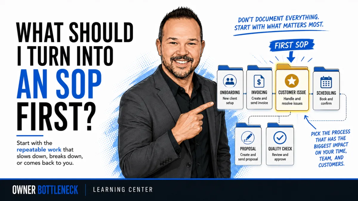 Darrell Willis pointing to customer issues as the first process to turn into an SOP, alongside onboarding, invoicing, scheduling, proposals, and quality checks.