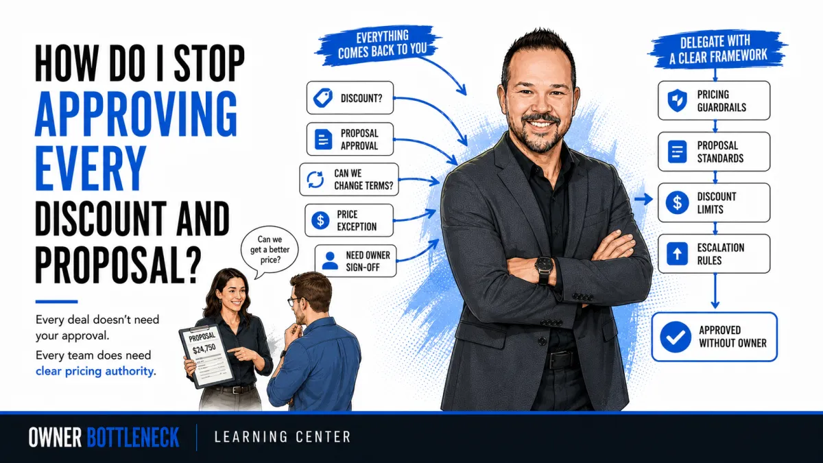 Darrell Willis standing beside a sales approval framework that lets the team handle pricing guardrails, proposal standards, discount limits, and escalation rules without the owner approving every deal.