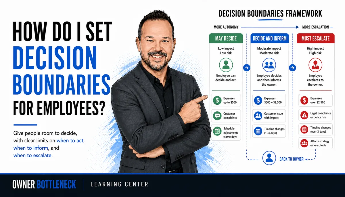 Darrell Willis pointing to a decision boundaries framework showing when employees may decide, decide and inform, or must escalate to the owner.