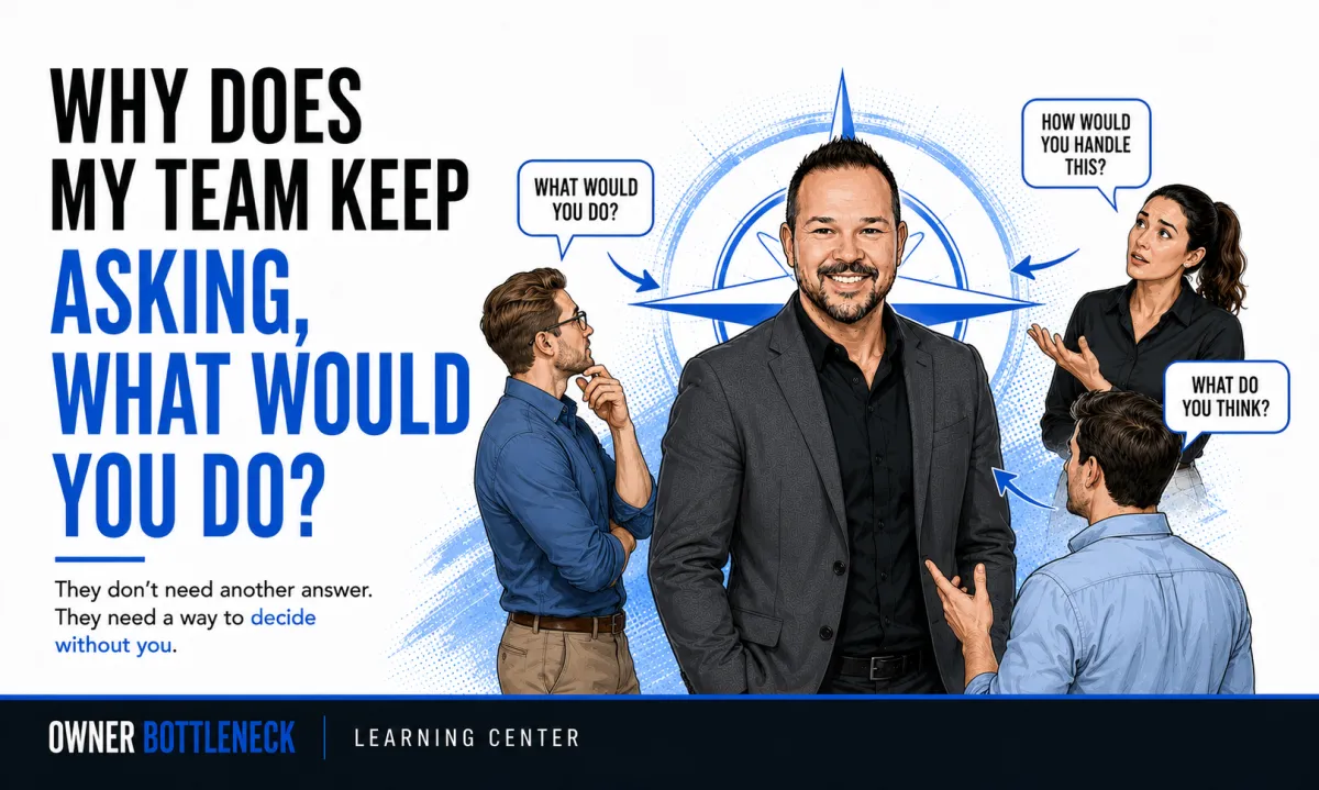 Darrell Willis surrounded by employees asking what he would do, with a compass behind him representing the need for shared standards that guide decisions without the owner.
