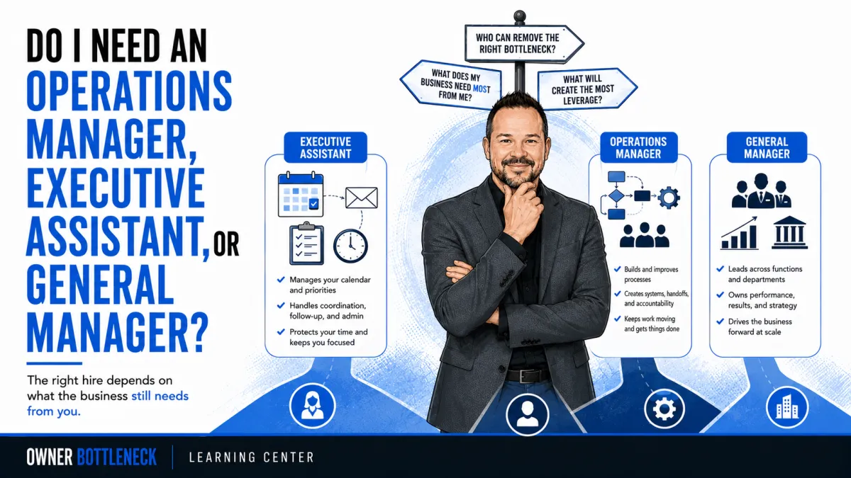 Darrell Willis comparing an executive assistant, operations manager, and general manager based on the type of work, leadership, and decisions the business still needs from the owner.