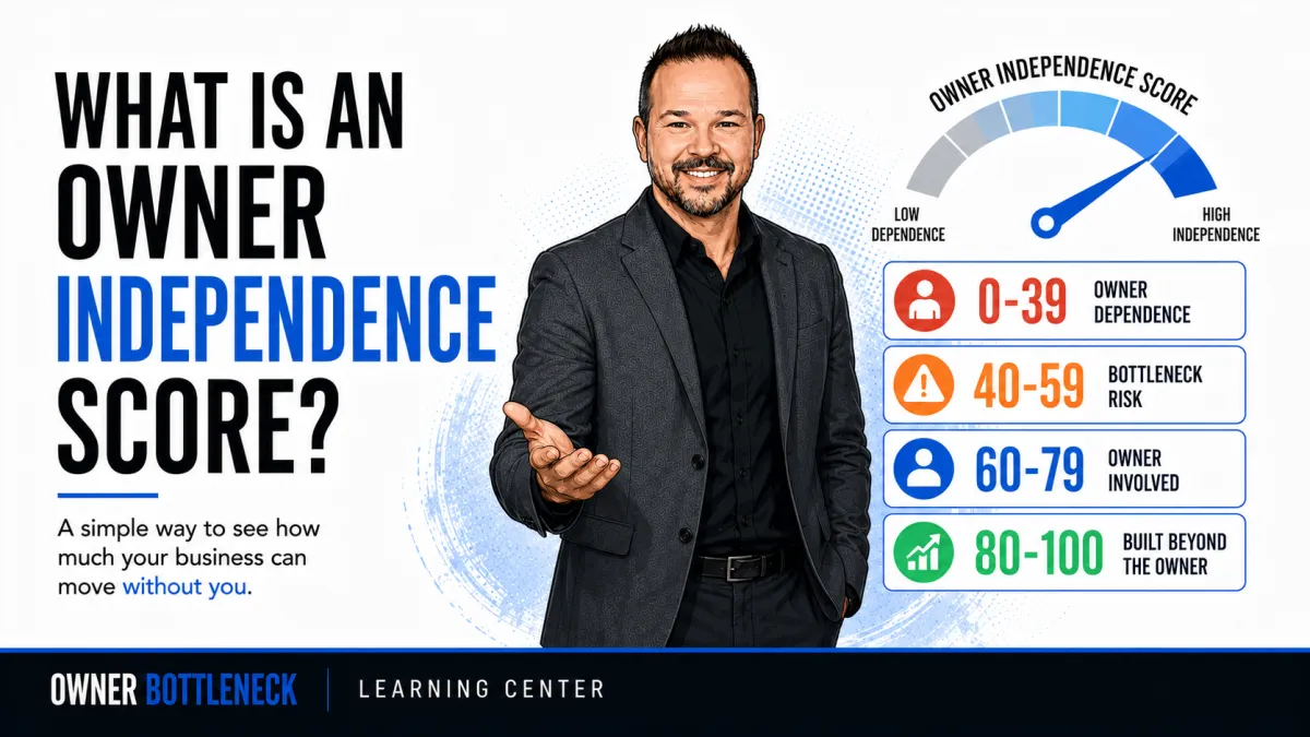 Darrell Willis beside an Owner Independence Score gauge showing business dependence levels from owner dependent to built beyond the owner.
