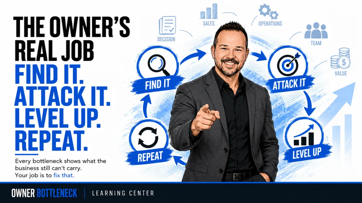 Owner Bottleneck illustration showing Darrell Willis with the Find It, Attack It, Level Up, Repeat process across Decision, Sales, Operations, Team, and Value.