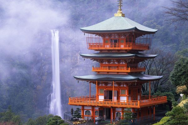 Japanese pagoda with waterfall