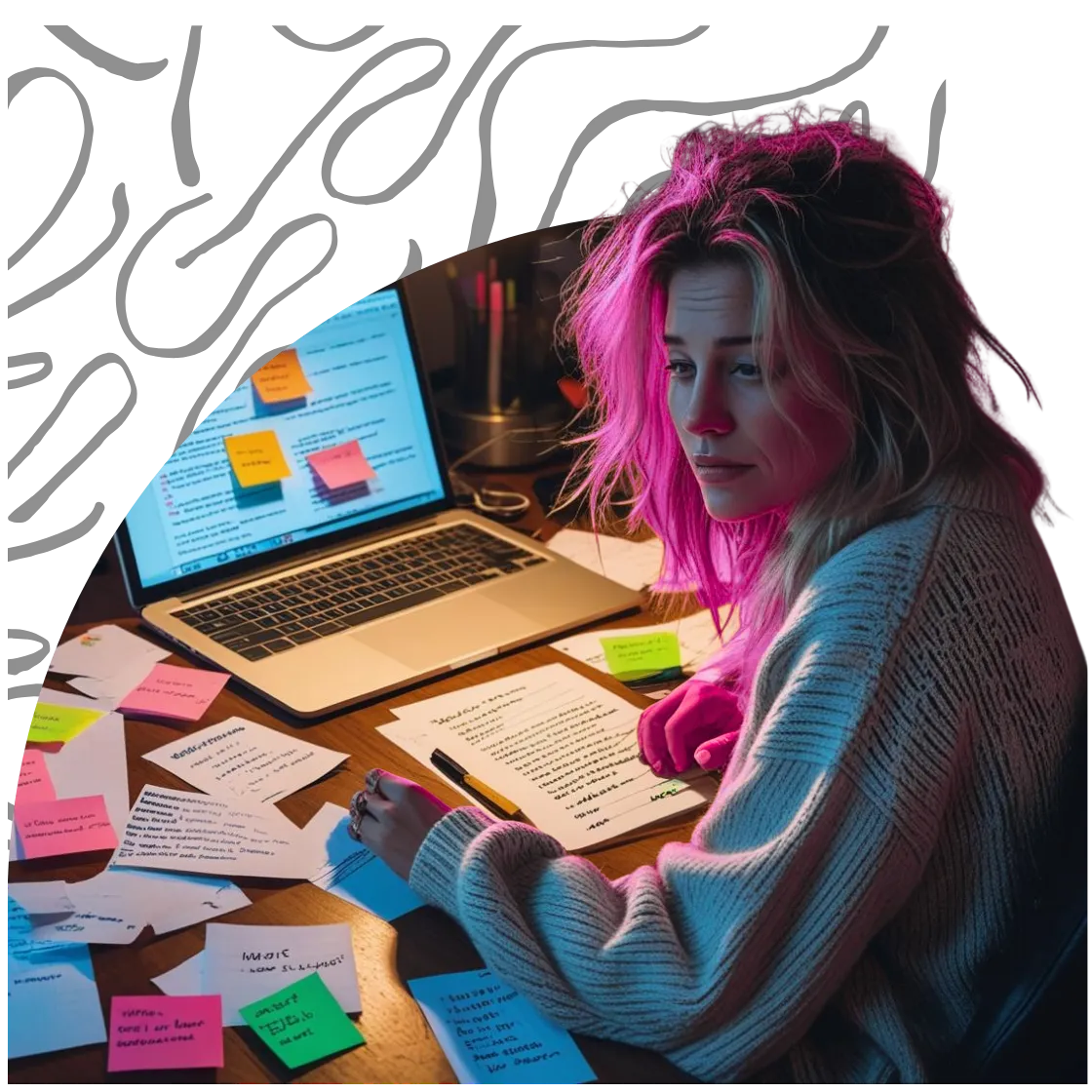 Burned out business owner buried under post-it notes, empty coffee cups, and Instagram captions