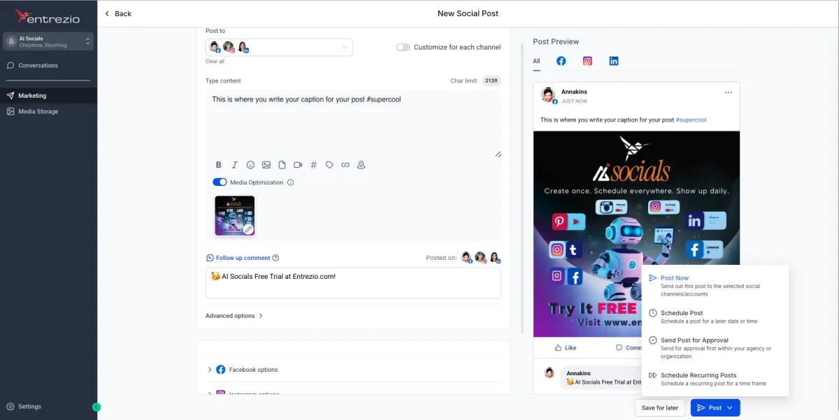 Dashboard view of AI Socials posting content across multiple platforms