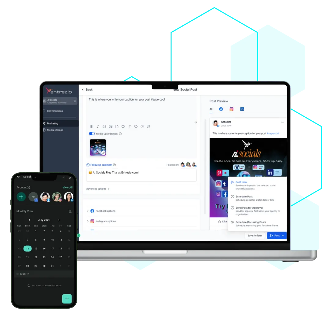 Dashboard view of AI Socials posting content across multiple platforms