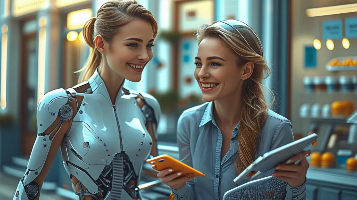 Happy Business Owner being assisted by AI