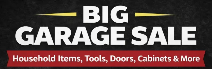 Promotional flyer for Big Garage Sale at 3084 275 St, Aldergrove, featuring tools, doors, and household items on March 21st and 22nd