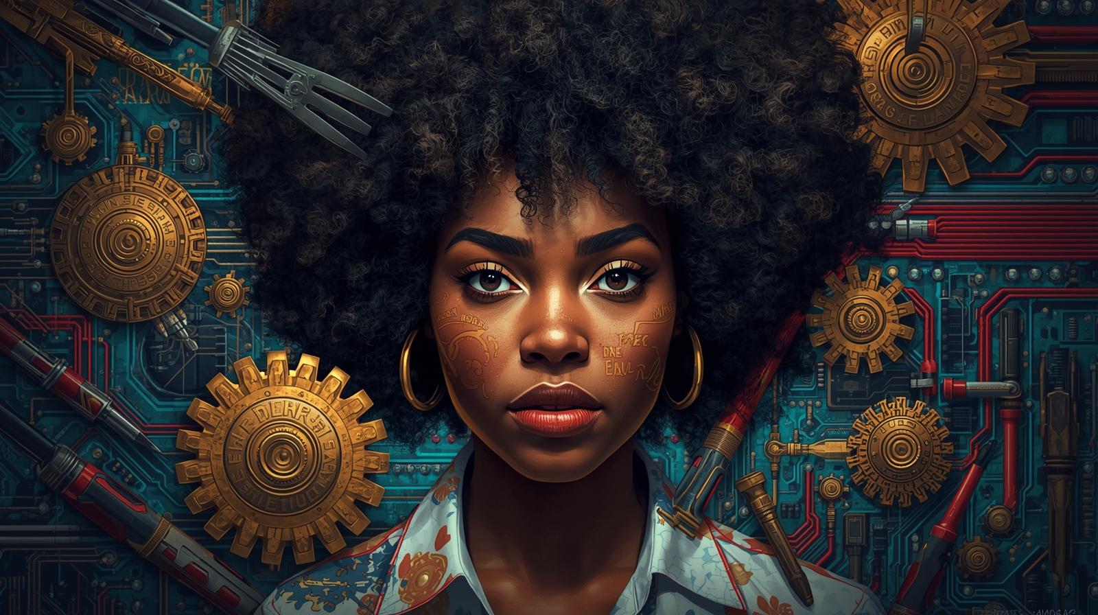 Black women of all ages dancing joyfully in a sun-drenched garden, surrounded by greenery and gold geometric decor, radiating freedom and connection.