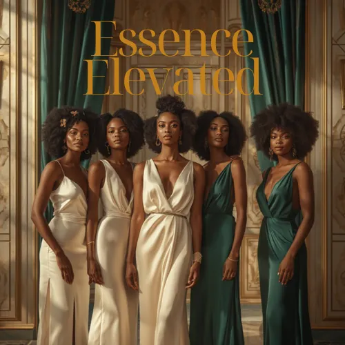 A vibrant gathering of Black women in elegant attire, sharing stories and laughter at a candlelit dinner table with gold accents and lush florals.