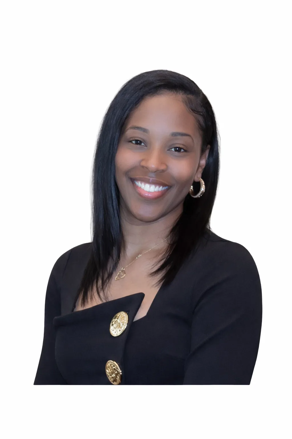 Portrait of Dr. Alicia James, a Black woman in her 40s with natural hair, wearing a vibrant patterned blazer, smiling warmly against a soft studio background. Her confident posture and direct gaze convey wisdom and approachability.