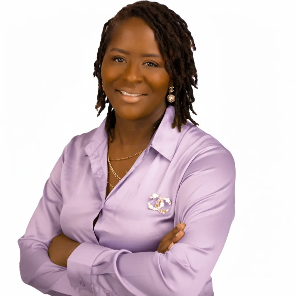 Portrait of Ms. Tiana Okafor, a young Black woman with short curly hair, wearing a sleek yellow dress, standing in front of a bookshelf. Her expression is thoughtful and inviting, suggesting expertise in personal development.