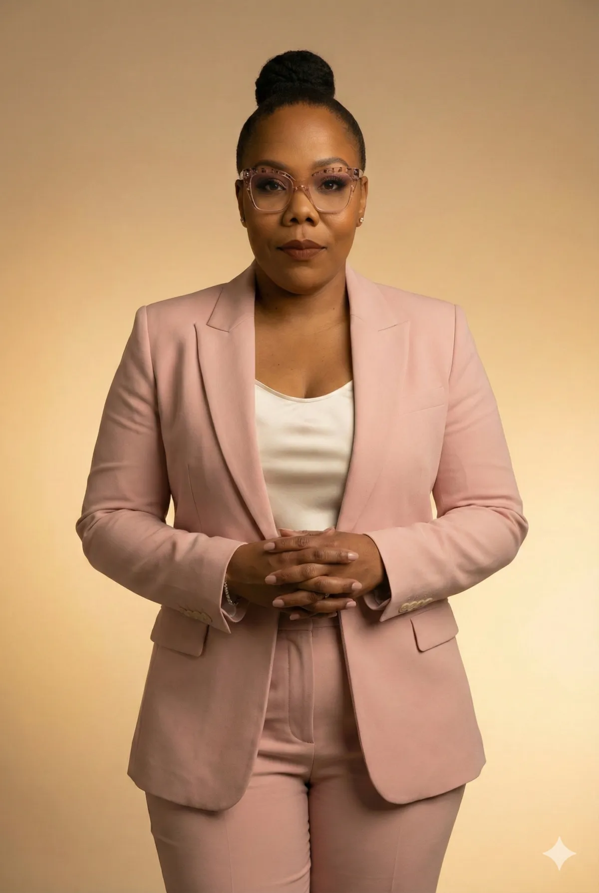 Poised Black woman in a cream blazer and gold necklace, editorial portrait against a neutral background.
