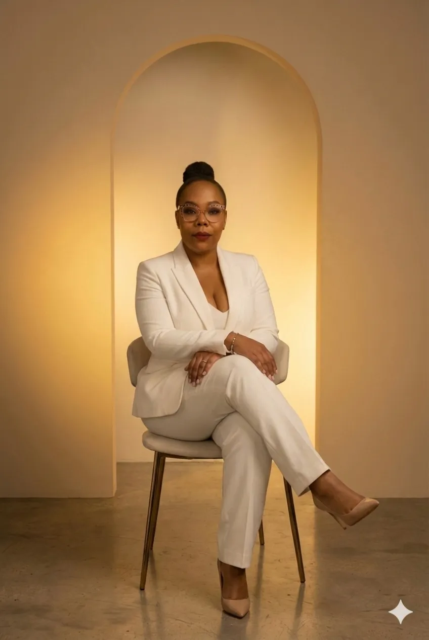 Leah Owens seated at a sunlit wooden desk reviewing a strategy blueprint in a warm editorial office.