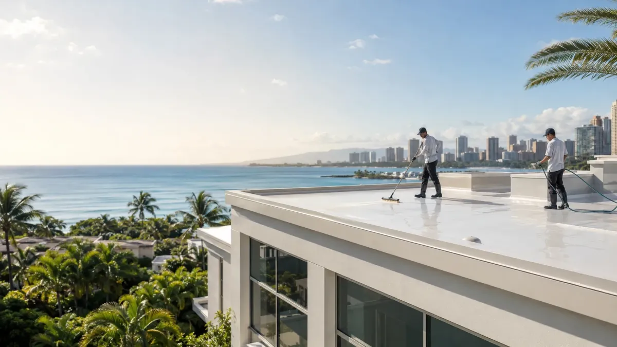 Preventative coated roof cleaning and maintenance on a premium Honolulu property overlooking the Oahu coastline.