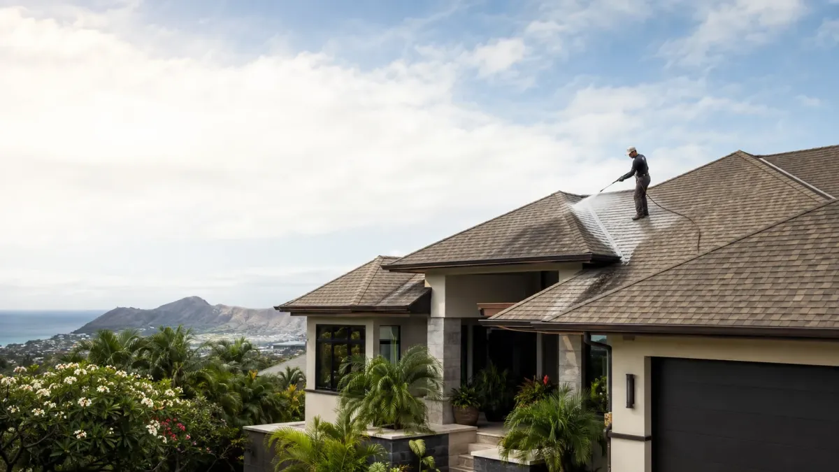 Professional black streak and algae removal from an asphalt shingle roof on a luxury Honolulu residence.