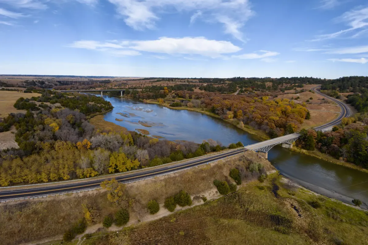 An aerial photo of Bryan Bridge near Valentine, Nebraska