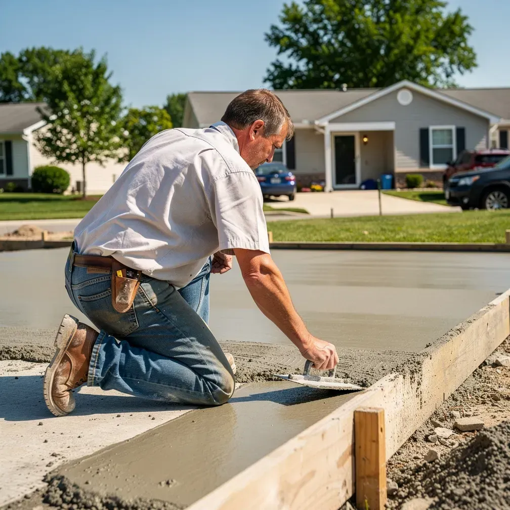 Contractor using a trowel to smooth fresh concrete at a residential job site in Bear, Delaware.