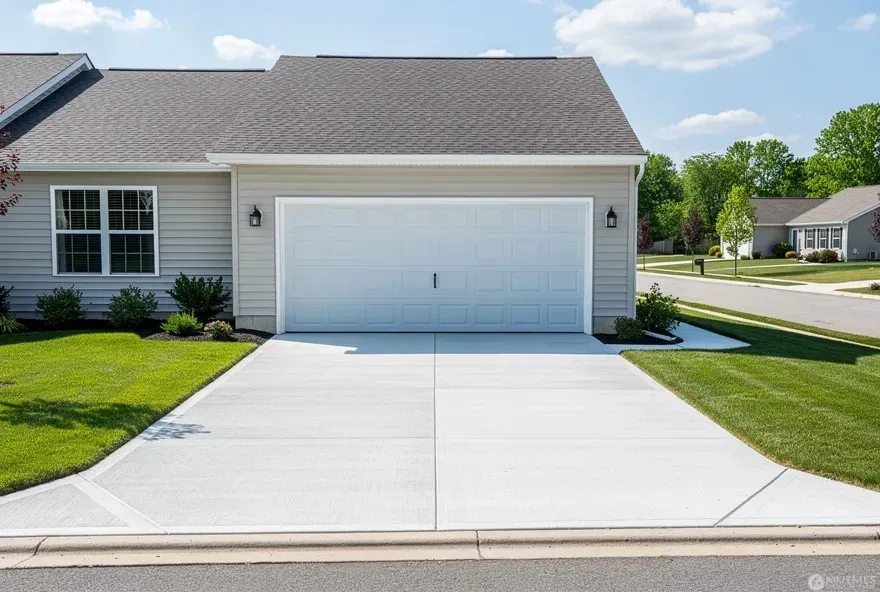 Freshly finished concrete driveway attached to garage of a modest home in Bear, Delaware.