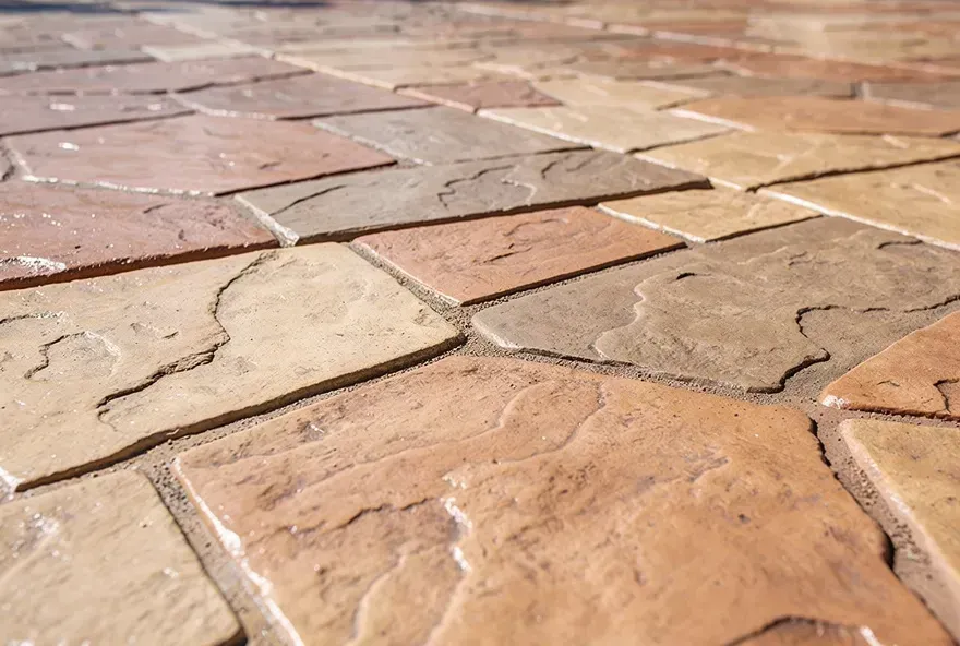 Close-up of freshly finished stamped concrete with a stone-like pattern in Bear, Delaware.