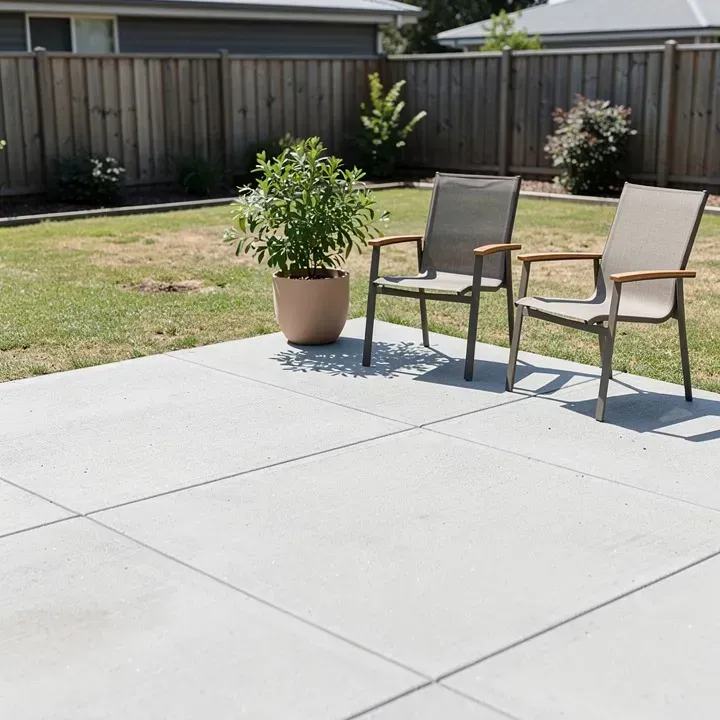 Finished concrete patio corner with potted plant and outdoor furniture in Bear, Delaware.