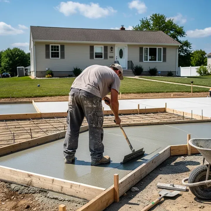 Contractor working on a concrete driveway installation in progress in Bear, Delaware.
