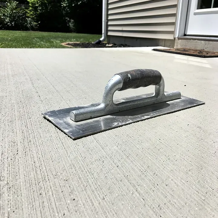 Finishing trowel resting on a freshly completed concrete patio in Bear, Delaware.
