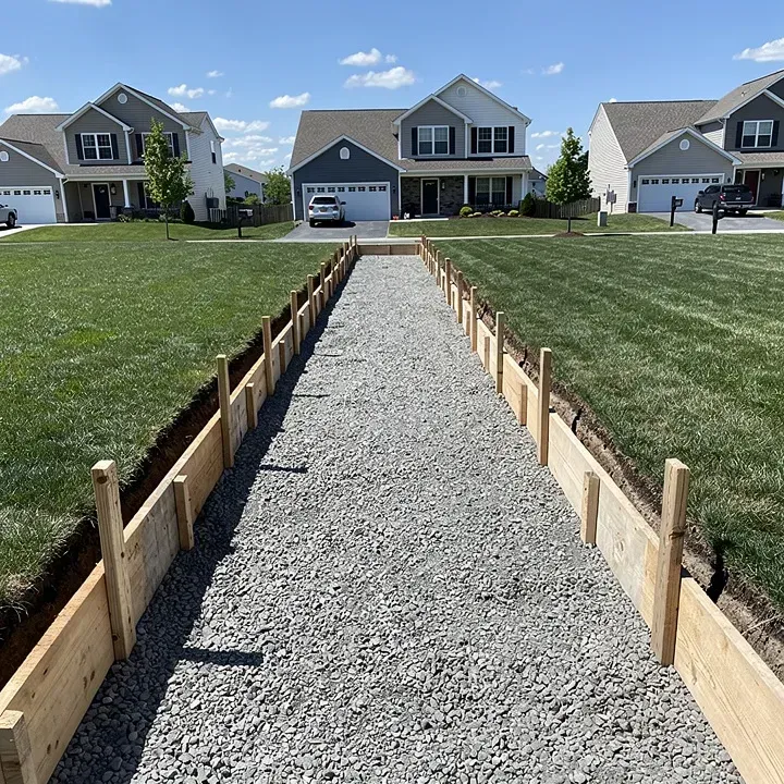 Sidewalk forms and gravel base prepared before a concrete pour in Bear, Delaware.