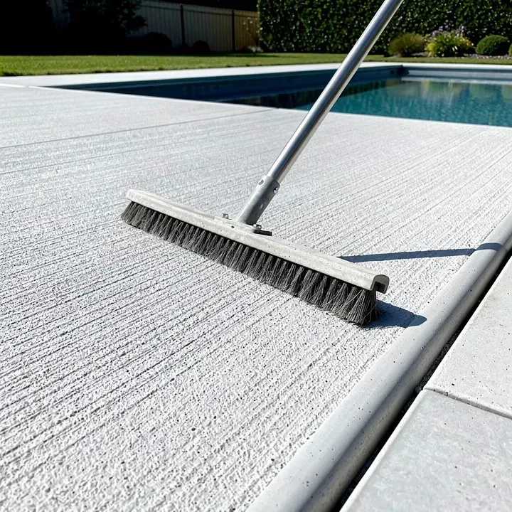 Finishing broom resting on a freshly textured concrete pool deck in Bear, Delaware.