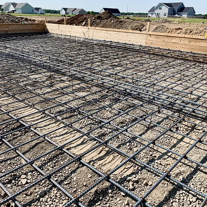 Rebar reinforcement laid across a gravel base before a concrete foundation pour in Bear, Delaware.