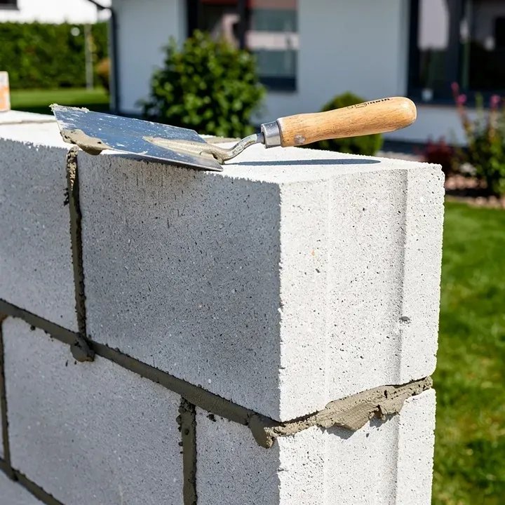 Close-up of concrete blocks and mortar joints during wall construction in Bear, Delaware.