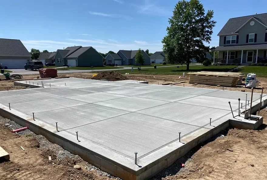 Freshly poured flat concrete foundation slab at a residential construction site in Bear, Delaware.