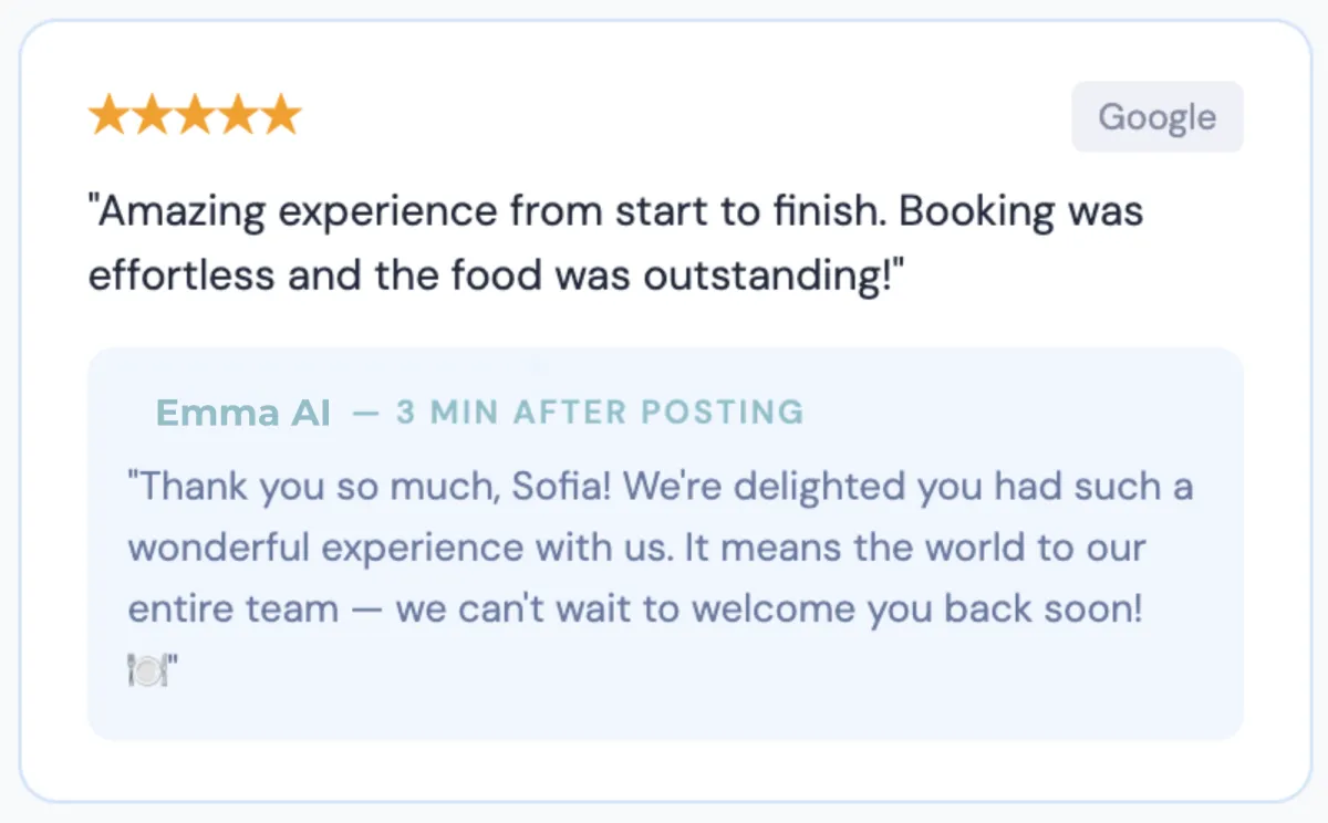 Emma AI receptionist answering a review, automatically