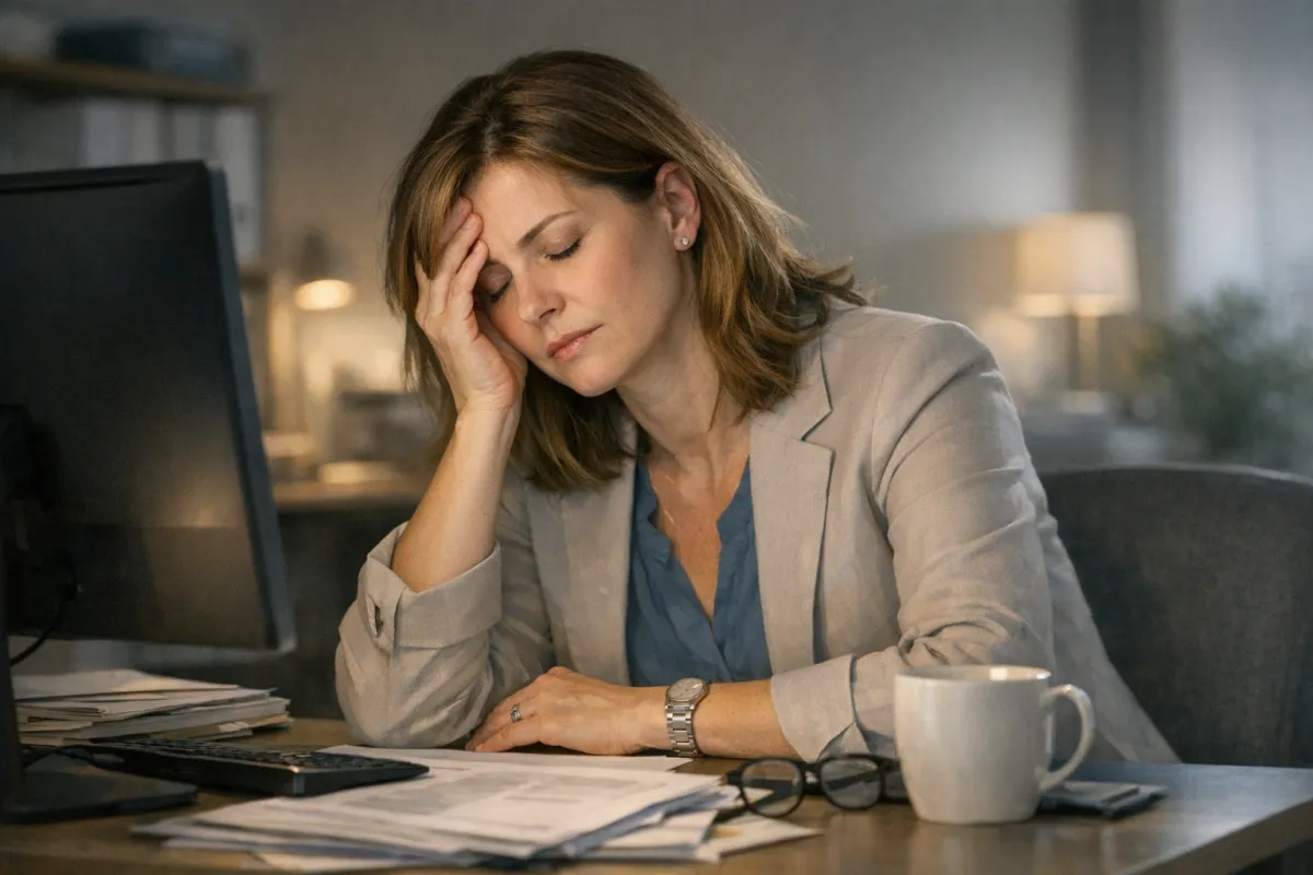 Woman looking fatigued and overwhelmed, illustrating why do I feel exhausted all the time female