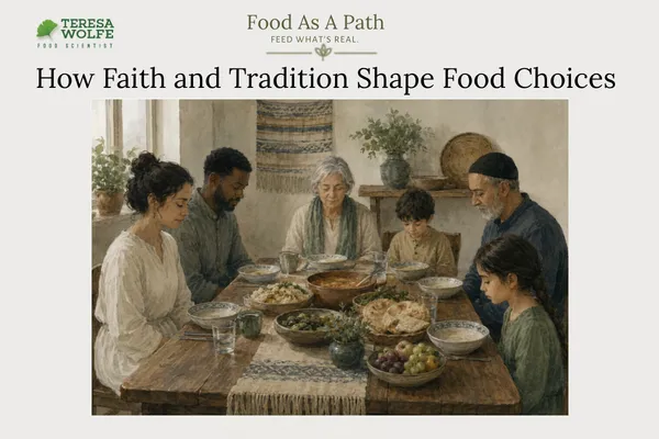 Intergenerational group gathered quietly around a shared meal, representing how faith and tradition shape food choices.