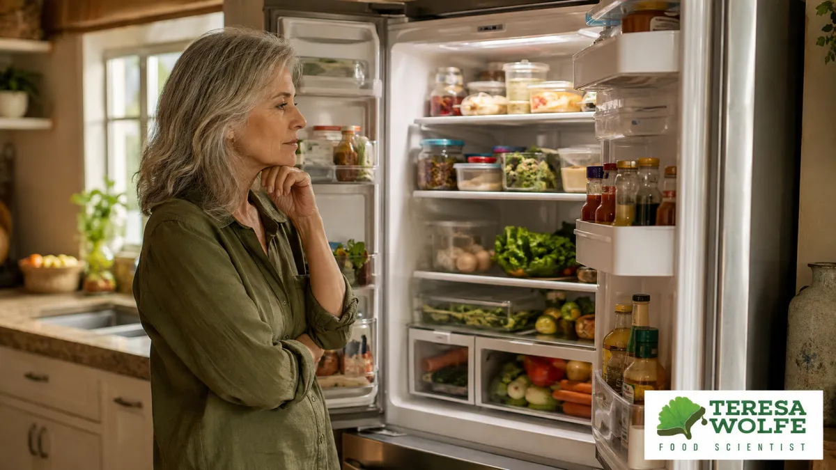 Woman pausing in front of an open refrigerator while considering what she wants her food choice to provide.