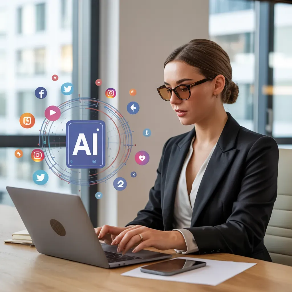 Ejecutiva creando contenido con inteligencia artificial para redes sociales usando PostIA de SoftiaBiz.