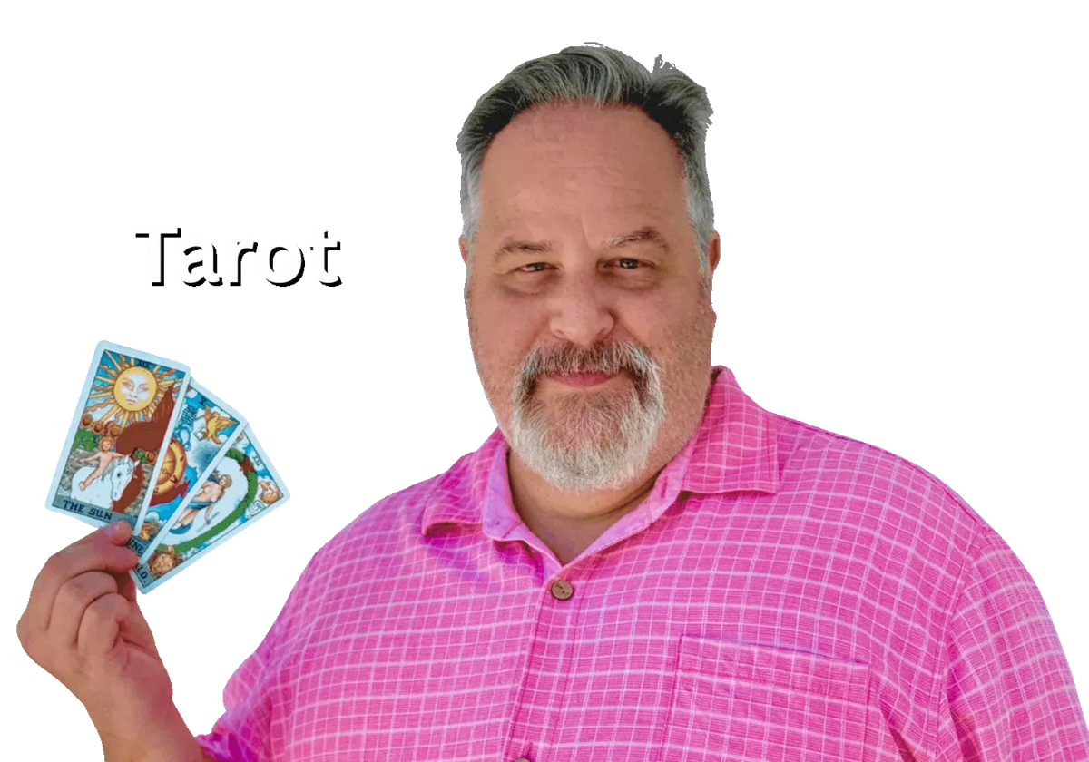 This is a rotating GIF with pictures of Sean showing off Tarot cards and Crystals