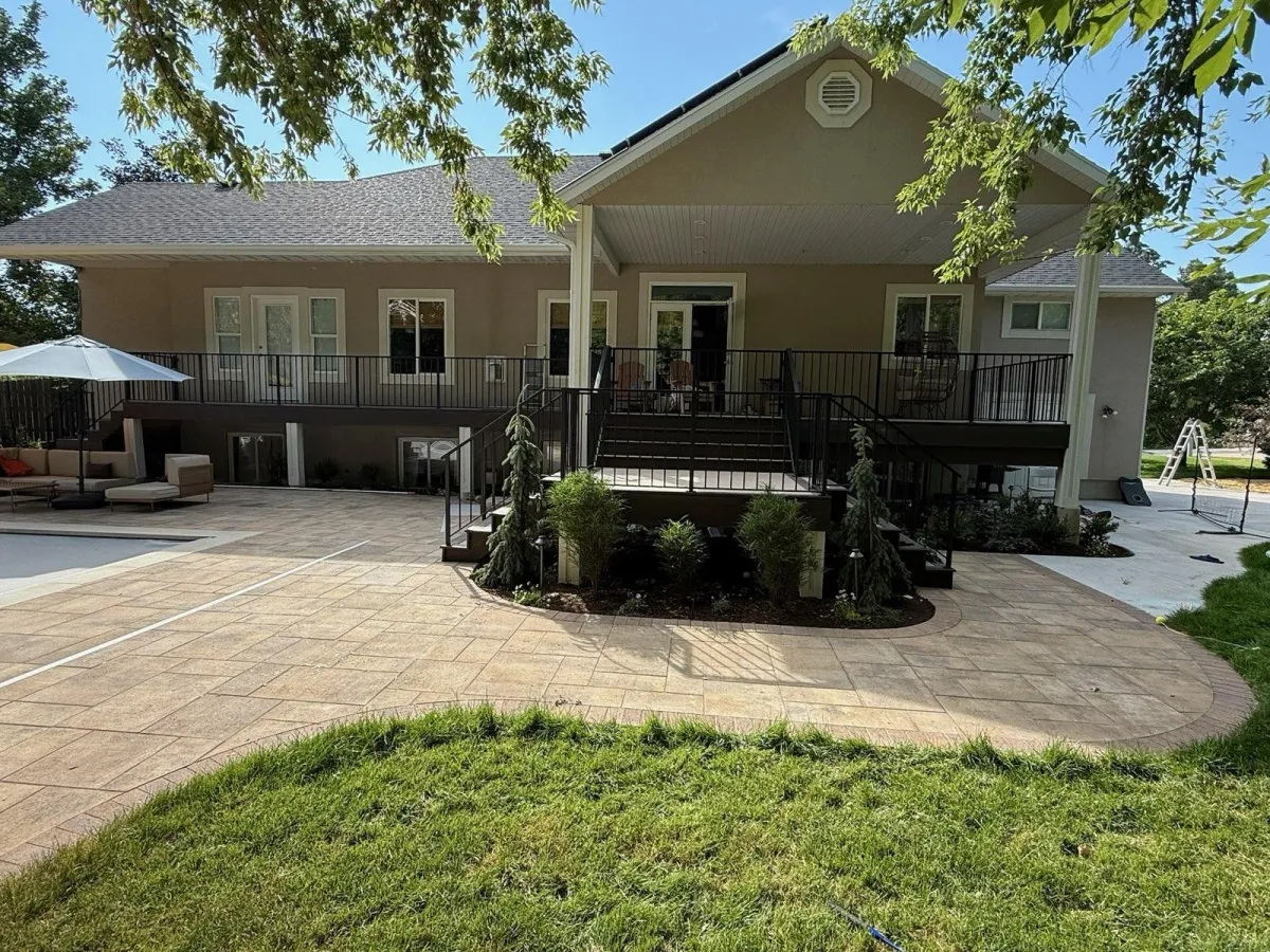custom metal railing on a backyard deck