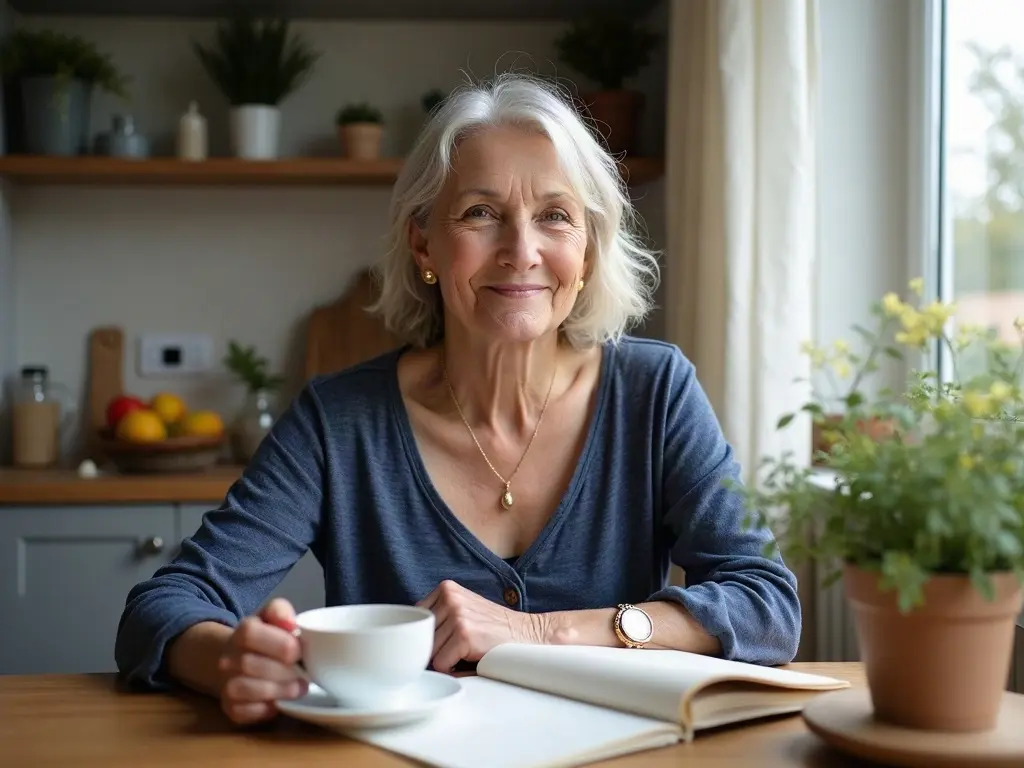 Smiling gray-haired woman in a blue top holds a white teacup at a kitchen table with an open notebook and a potted plant.
